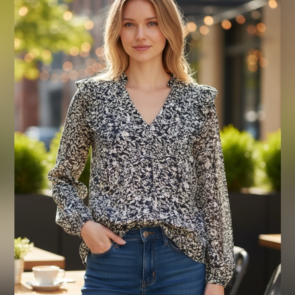 Lucky Brand Navy White Floral Top Neck Shoulder Ruffle Prairie Trad Size M - Picture 1 of 11